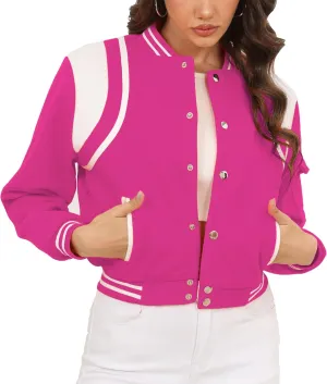Womens Cropped Bomber Jacket Long Sleeve Button Down Baseball Varsity Fall Outerwear