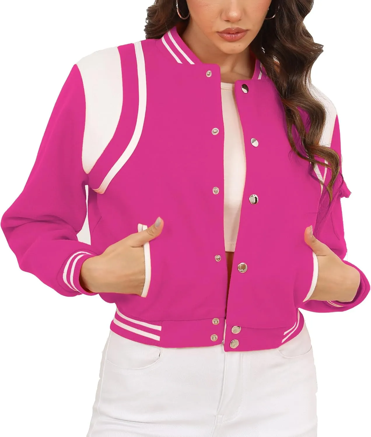 Womens Cropped Bomber Jacket Long Sleeve Button Down Baseball Varsity Fall Outerwear
