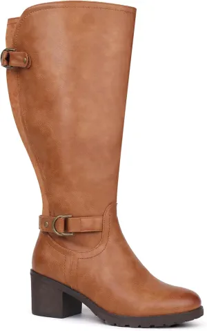 Women's Extra Wide Calf Knee High Riding Boots with Block Heel and Decorated Double Buckle