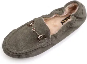 Women's Faux Fur Lined Suede Moccasin Slip On Leather Penny Loafers Flats Fuzzy Warm Boat Shoes Indoor Outdoor Slippers