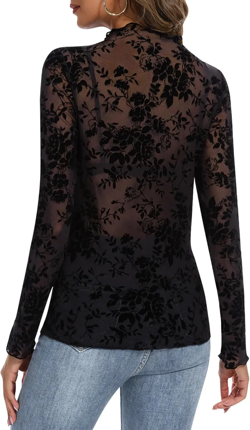 Womens Lace Mesh Long Sleeve Top Floral Sheer See Through Sexy Tops Mock Neck Shirts Party Club Night Blouses