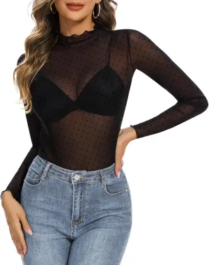 Womens Lace Mesh Long Sleeve Top Floral Sheer See Through Sexy Tops Mock Neck Shirts Party Club Night Blouses