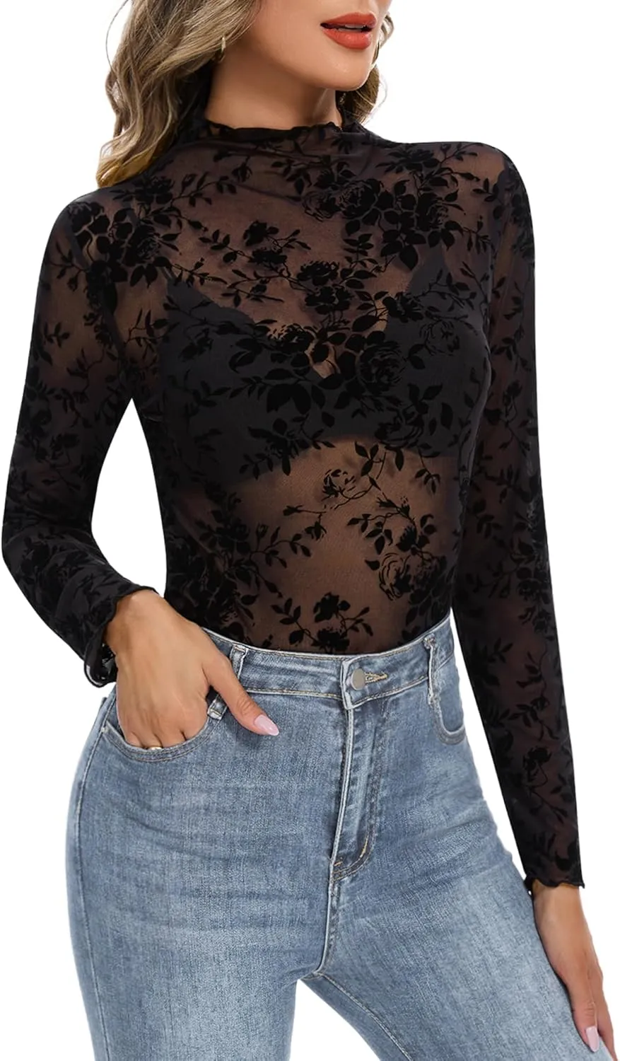 Womens Lace Mesh Long Sleeve Top Floral Sheer See Through Sexy Tops Mock Neck Shirts Party Club Night Blouses