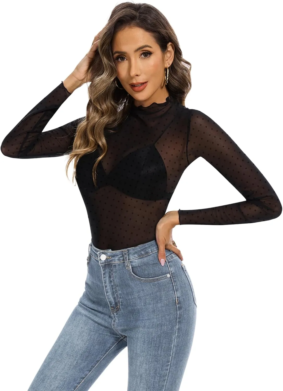 Womens Lace Mesh Long Sleeve Top Floral Sheer See Through Sexy Tops Mock Neck Shirts Party Club Night Blouses