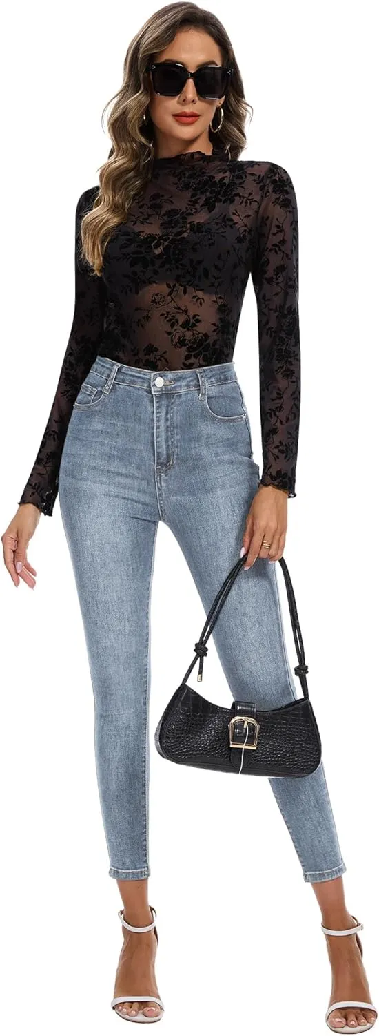 Womens Lace Mesh Long Sleeve Top Floral Sheer See Through Sexy Tops Mock Neck Shirts Party Club Night Blouses