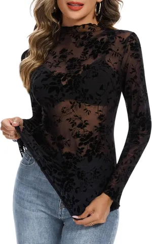 Womens Lace Mesh Long Sleeve Top Floral Sheer See Through Sexy Tops Mock Neck Shirts Party Club Night Blouses