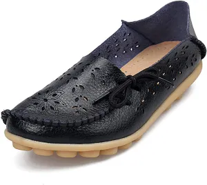 Women's Leather Hollow Breathable Slip On Loafers Comfortable Oxford Softsole Outdoor Walking Flats Shoes Driving Working Moccasins Shoes