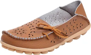 Women's Leather Hollow Breathable Slip On Loafers Comfortable Oxford Softsole Outdoor Walking Flats Shoes Driving Working Moccasins Shoes