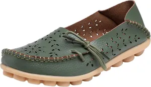 Women's Leather Hollow Breathable Slip On Loafers Comfortable Oxford Softsole Outdoor Walking Flats Shoes Driving Working Moccasins Shoes