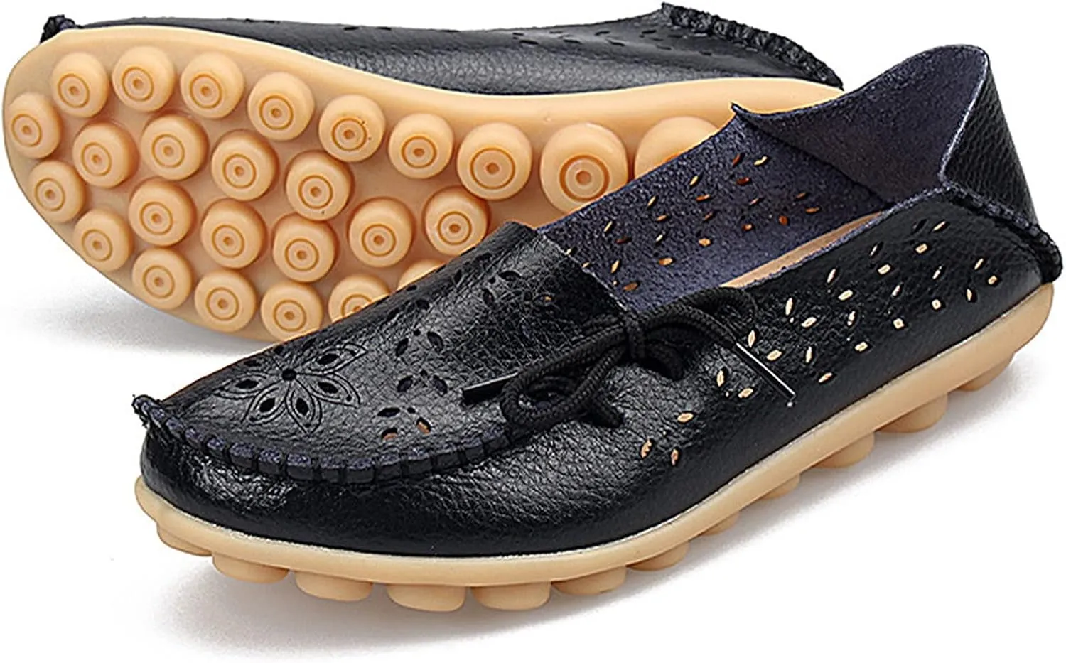 Women's Leather Hollow Breathable Slip On Loafers Comfortable Oxford Softsole Outdoor Walking Flats Shoes Driving Working Moccasins Shoes