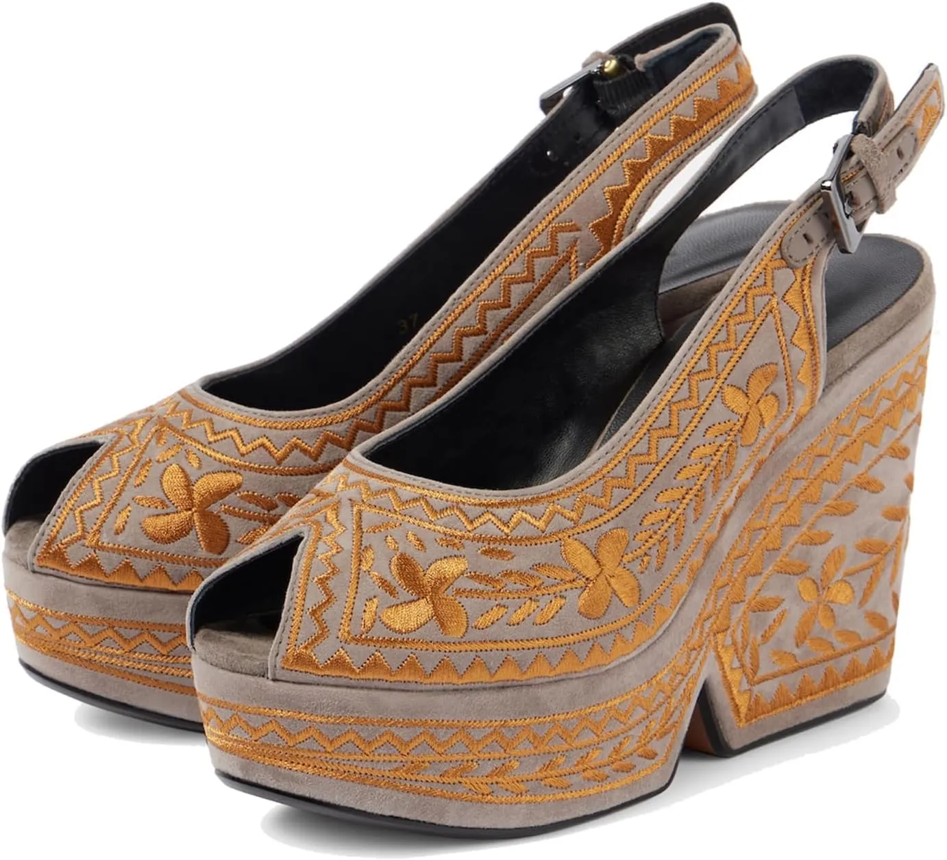 Women's Platform Leather/Rhinestone/Embroidered Slingback Heels Peep Round Toe Wedge Heel Pumps Backstrap Buckle High Heel Dress Shoes Sandals Ladies