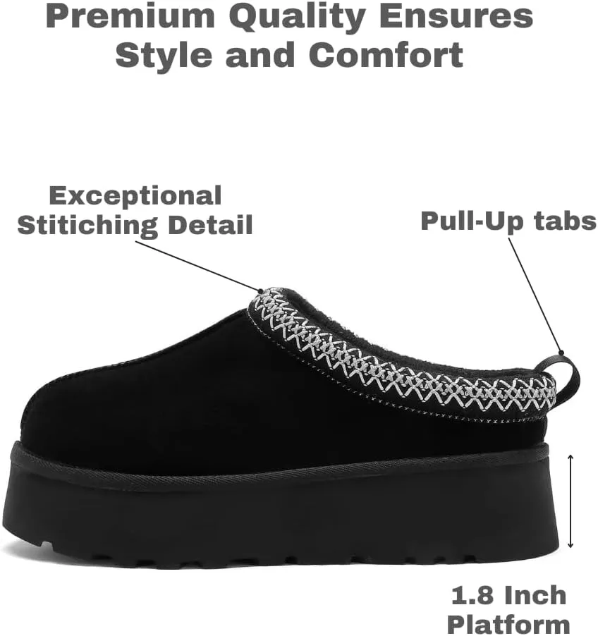 Women's Platform Slippers, Genuine Suede Warm Fleece Lined Anti-Slip Tazz Style for Indoor Outdoor