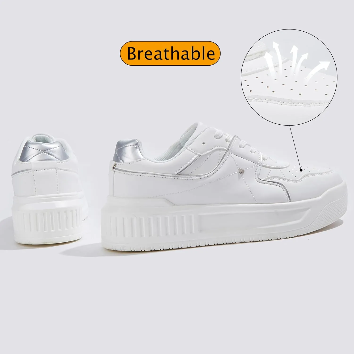 Women's Platform Sneakers Sparkle Rhinestone Chunky Shoes Leather Low Top Lace Up Walking Shoes
