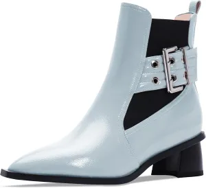 Women's Pointed Toe Chunky Block Heel Ankle Boots Buckle Strap Elastic Band Chelsea Booties