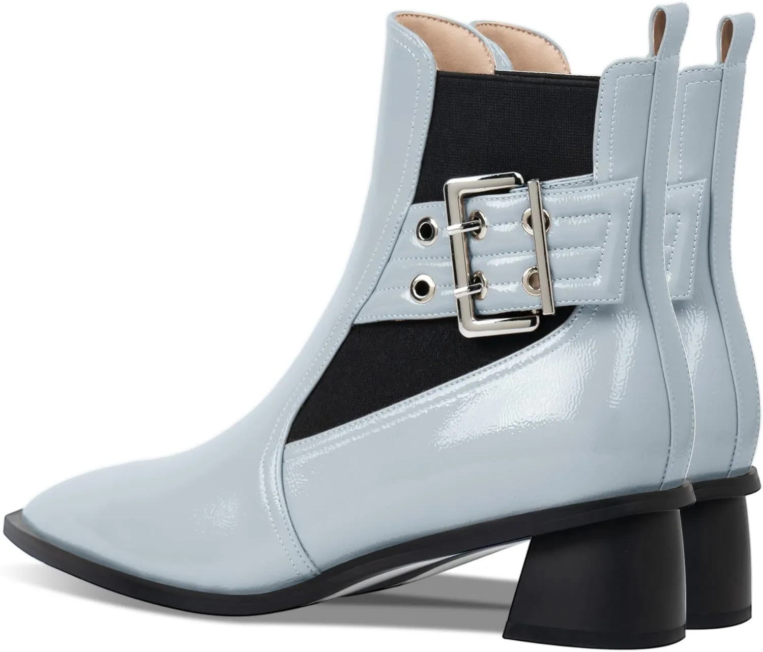 Women's Pointed Toe Chunky Block Heel Ankle Boots Buckle Strap Elastic Band Chelsea Booties