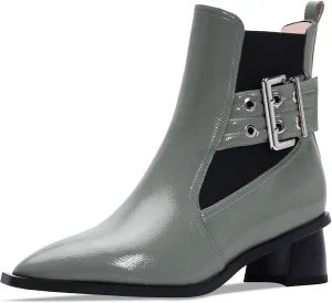 Women's Pointed Toe Chunky Block Heel Ankle Boots Buckle Strap Elastic Band Chelsea Booties
