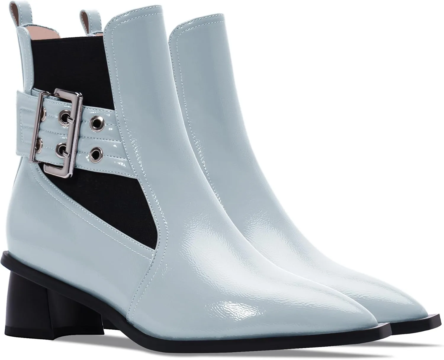 Women's Pointed Toe Chunky Block Heel Ankle Boots Buckle Strap Elastic Band Chelsea Booties