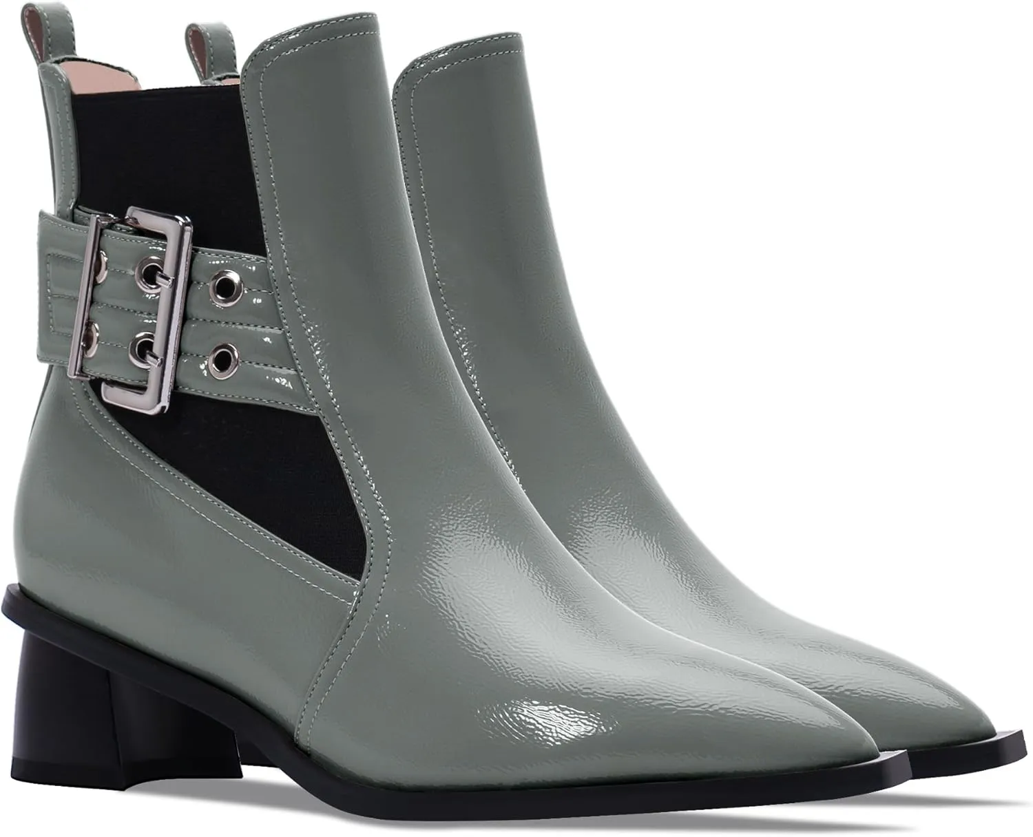 Women's Pointed Toe Chunky Block Heel Ankle Boots Buckle Strap Elastic Band Chelsea Booties