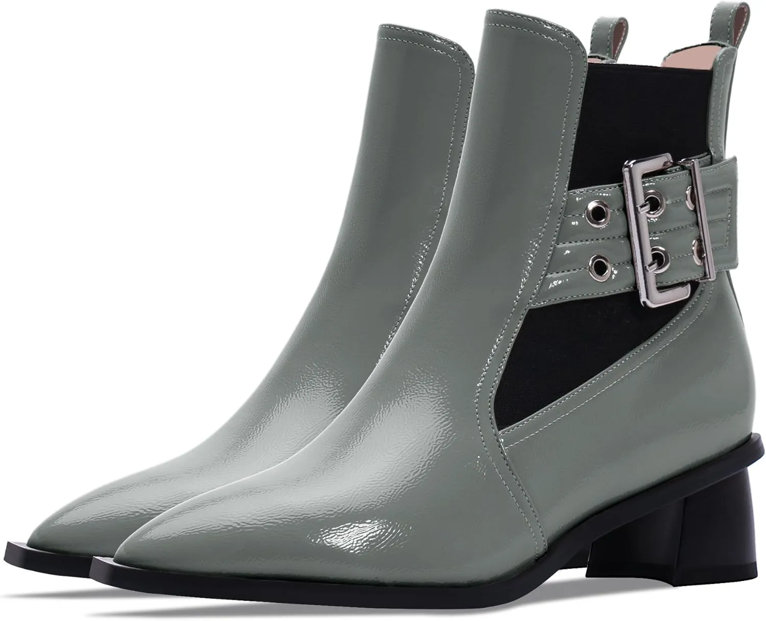 Women's Pointed Toe Chunky Block Heel Ankle Boots Buckle Strap Elastic Band Chelsea Booties
