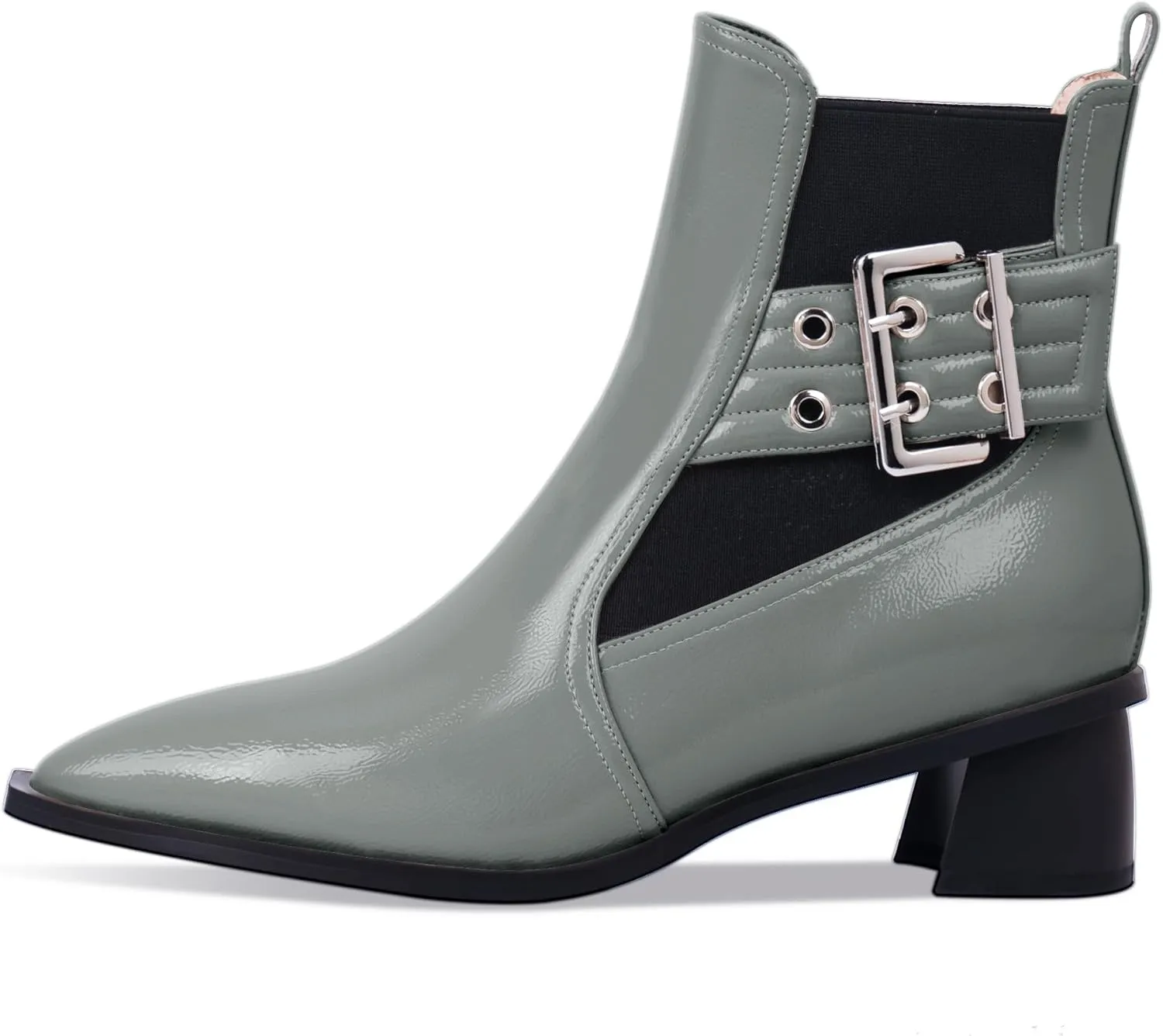 Women's Pointed Toe Chunky Block Heel Ankle Boots Buckle Strap Elastic Band Chelsea Booties