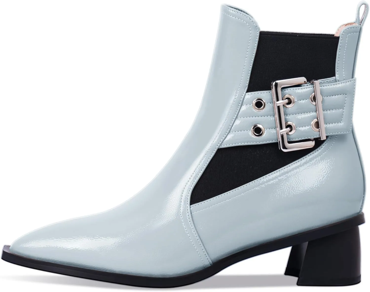 Women's Pointed Toe Chunky Block Heel Ankle Boots Buckle Strap Elastic Band Chelsea Booties