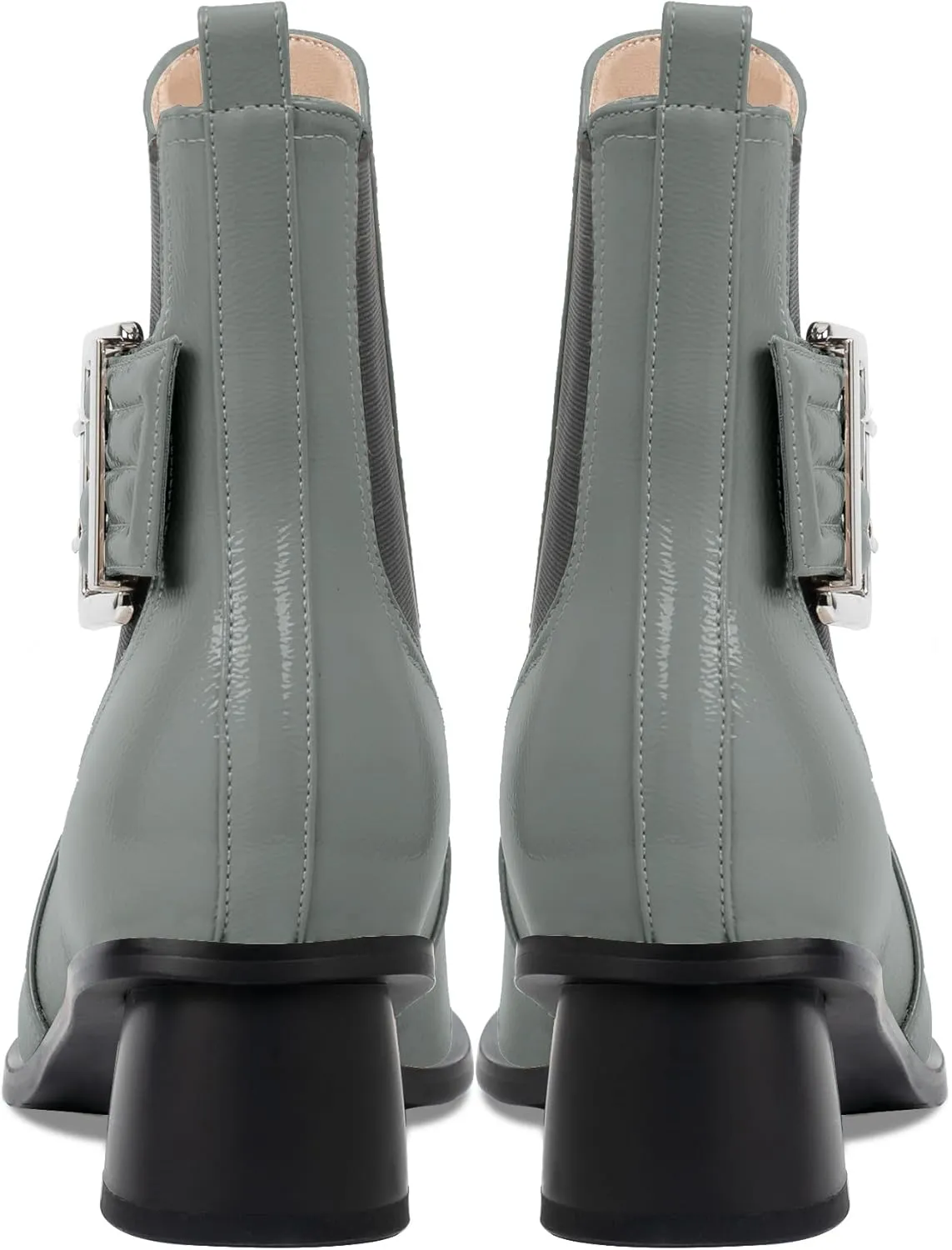 Women's Pointed Toe Chunky Block Heel Ankle Boots Buckle Strap Elastic Band Chelsea Booties