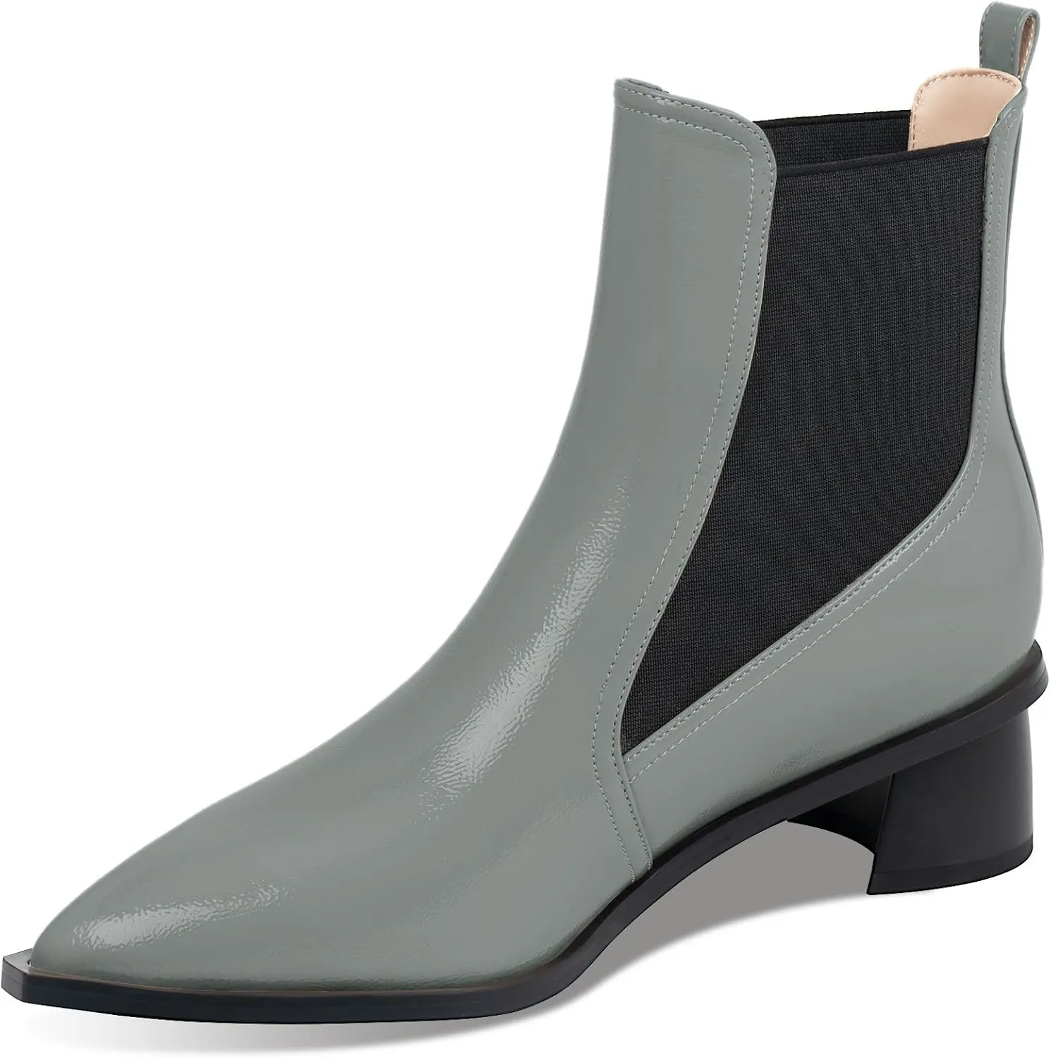 Women's Pointed Toe Chunky Block Heel Ankle Boots Buckle Strap Elastic Band Chelsea Booties