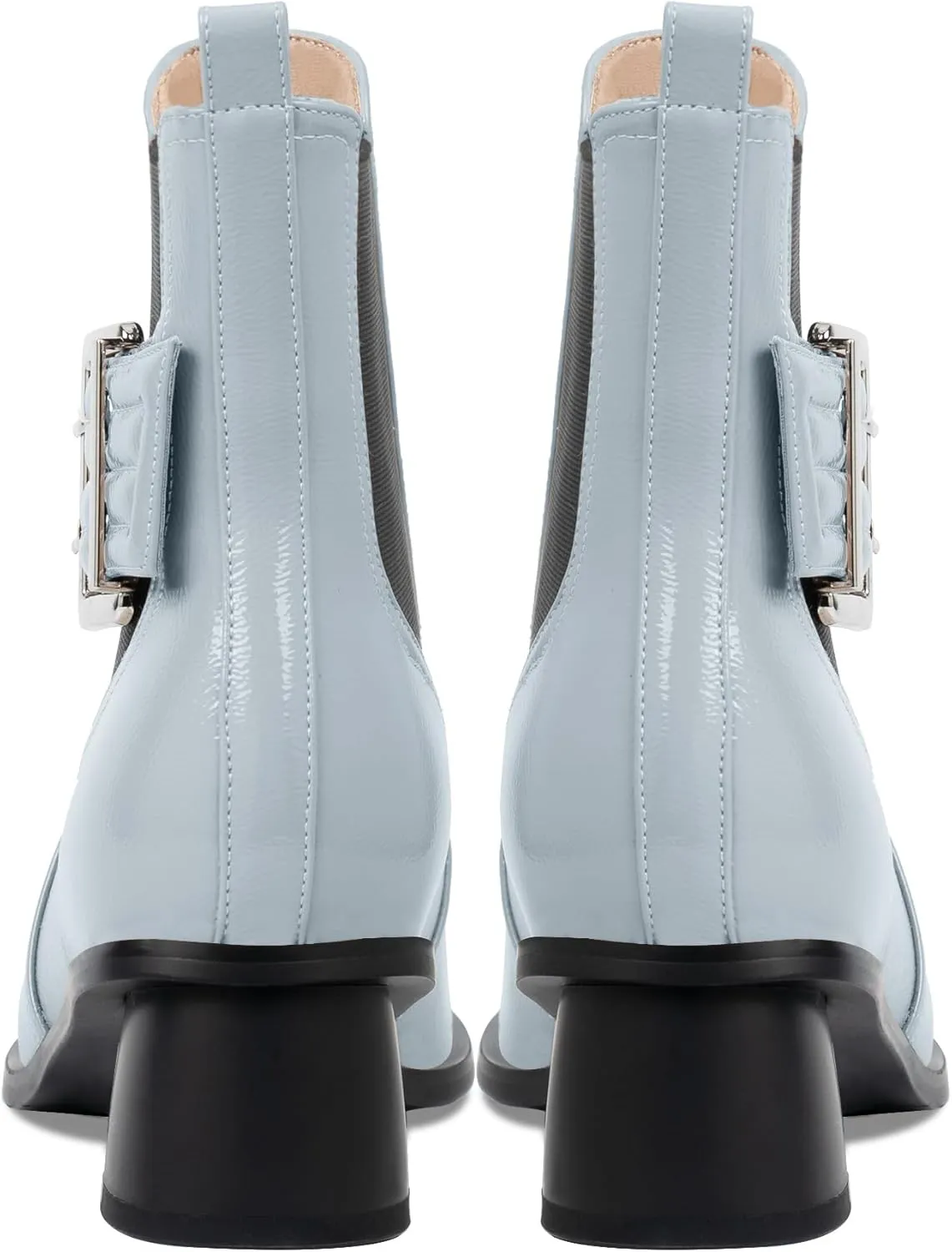 Women's Pointed Toe Chunky Block Heel Ankle Boots Buckle Strap Elastic Band Chelsea Booties