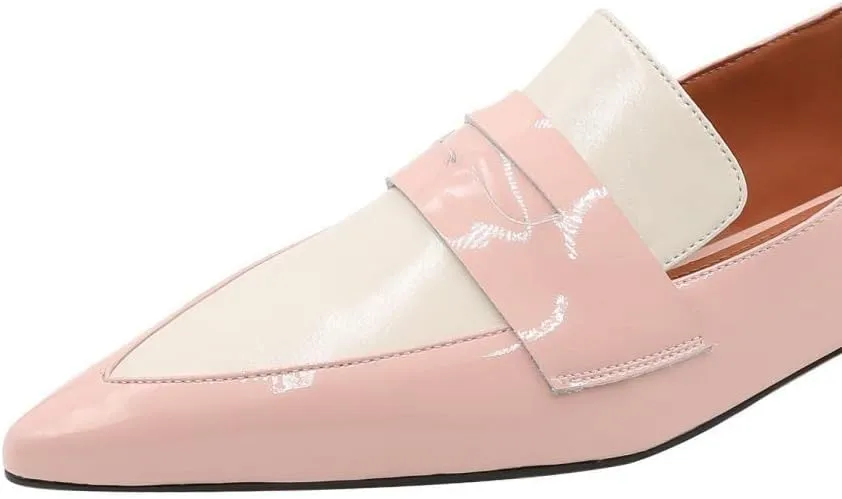 Women's Pointed Toe Patent Leather Handmade Two-Tone Slip On Soft Office Loafers Flats Shoes