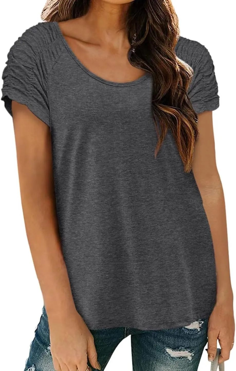 Womens Short Sleeve Tops Casual Solid Color Ladies Summer Shirts Dressy Plus Size T Shirts