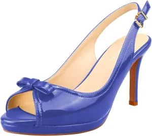 Women's Stylish Peep Toe Bowknot Adjustable Buckle Backstrap Slingback High Heel Dress Pumps Sexy Patent Leather Platform Stiletto Heel Sandals for Women Party Wedding
