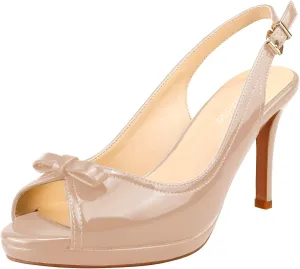 Women's Stylish Peep Toe Bowknot Adjustable Buckle Backstrap Slingback High Heel Dress Pumps Sexy Patent Leather Platform Stiletto Heel Sandals for Women Party Wedding