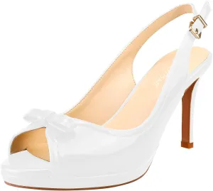 Women's Stylish Peep Toe Bowknot Adjustable Buckle Backstrap Slingback High Heel Dress Pumps Sexy Patent Leather Platform Stiletto Heel Sandals for Women Party Wedding