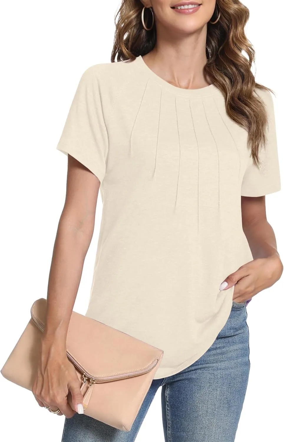 Womens Summer Tops Casual Short Sleeve Shirts Dressy Blouses Trendy Pleated Tunic