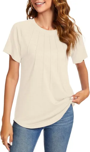 Womens Summer Tops Casual Short Sleeve Shirts Dressy Blouses Trendy Pleated Tunic