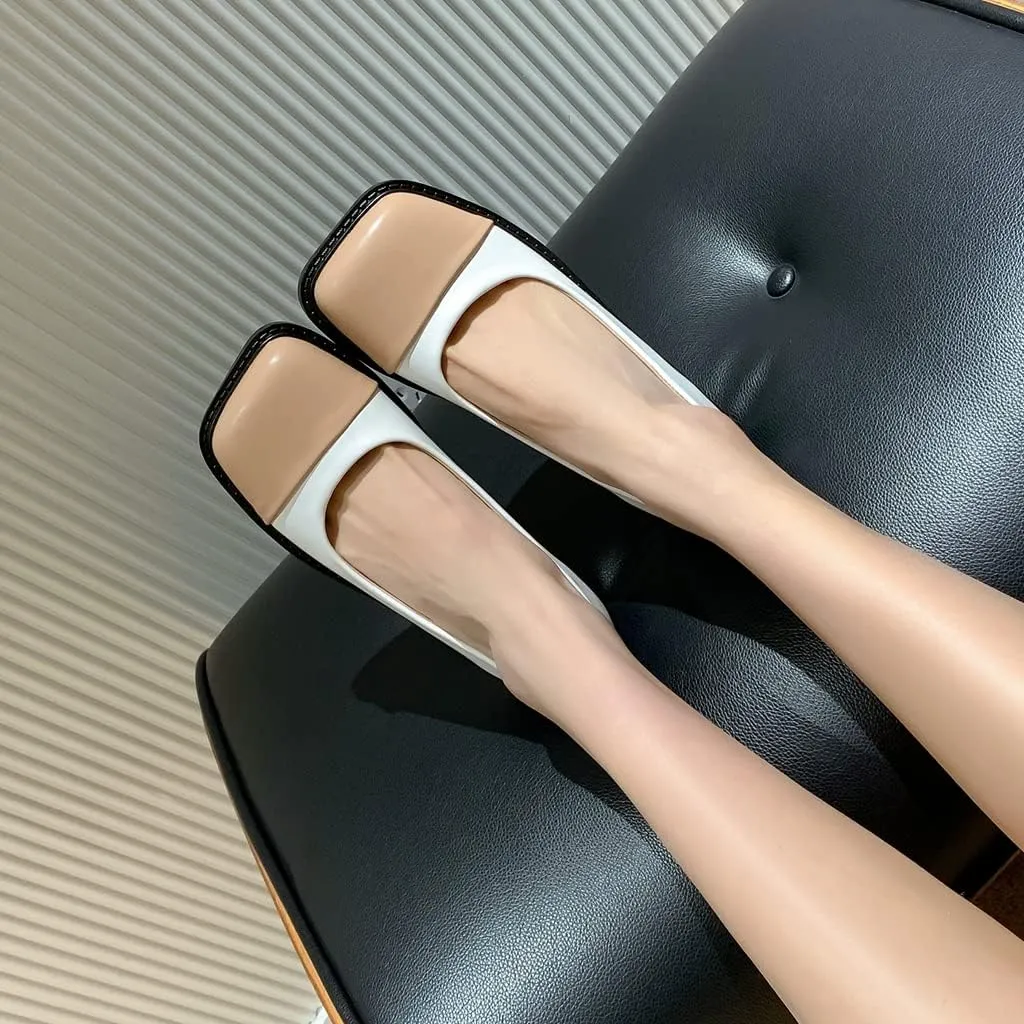 Women's Two Tone Flats Slip On Loafers Vintage Square Toe Leather Low Heel Girls Dress Oxford Shoes