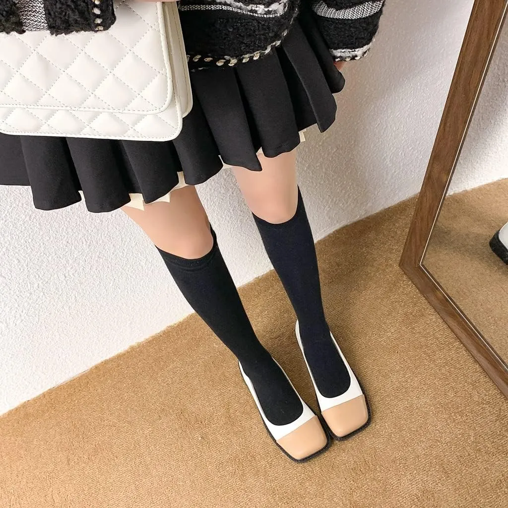 Women's Two Tone Flats Slip On Loafers Vintage Square Toe Leather Low Heel Girls Dress Oxford Shoes