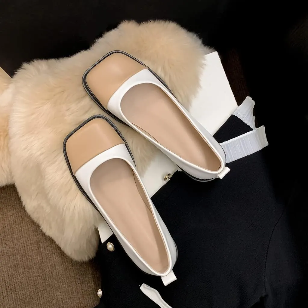 Women's Two Tone Flats Slip On Loafers Vintage Square Toe Leather Low Heel Girls Dress Oxford Shoes