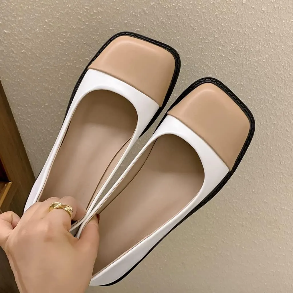 Women's Two Tone Flats Slip On Loafers Vintage Square Toe Leather Low Heel Girls Dress Oxford Shoes