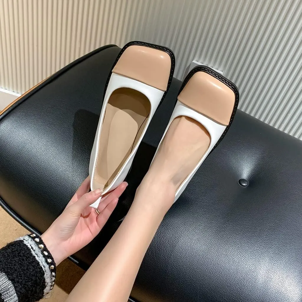 Women's Two Tone Flats Slip On Loafers Vintage Square Toe Leather Low Heel Girls Dress Oxford Shoes