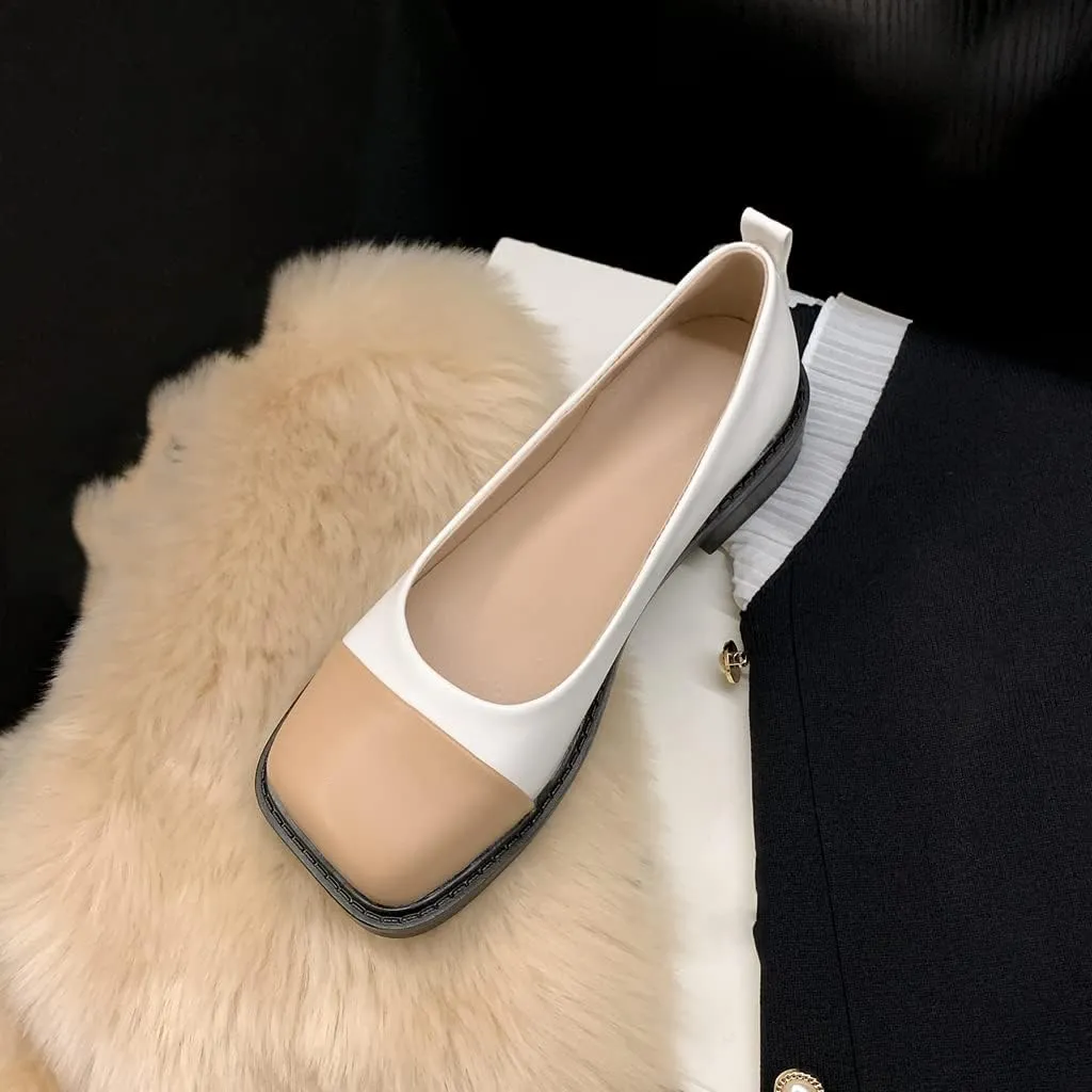 Women's Two Tone Flats Slip On Loafers Vintage Square Toe Leather Low Heel Girls Dress Oxford Shoes