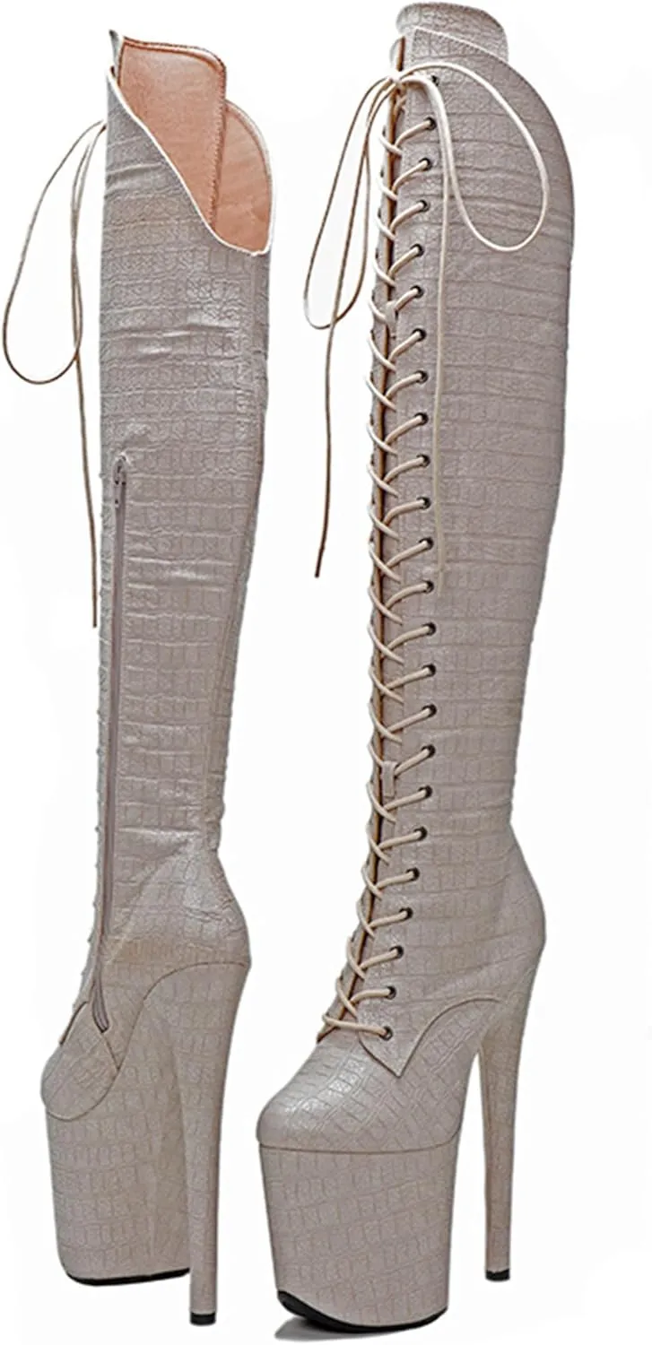WUXIN H&P Women Exotic Stiletto Sexy Knee High Heels 8 Inch Fashion Crocodile Pole Dance Ankle Boots Shoes