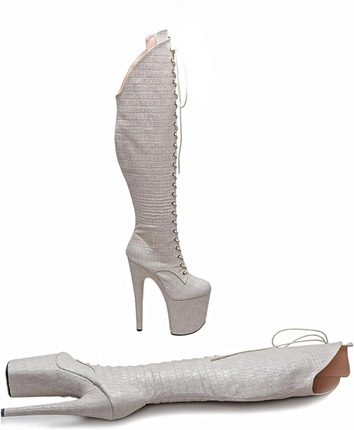 WUXIN H&P Women Exotic Stiletto Sexy Knee High Heels 8 Inch Fashion Crocodile Pole Dance Ankle Boots Shoes