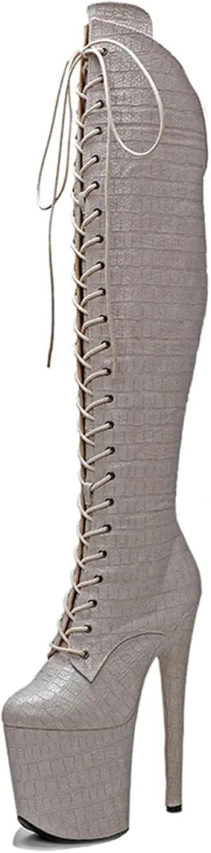 WUXIN H&P Women Exotic Stiletto Sexy Knee High Heels 8 Inch Fashion Crocodile Pole Dance Ankle Boots Shoes