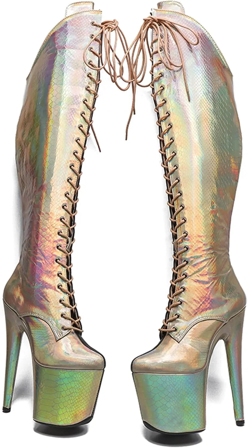 WUXIN H&P Women's Lace Up Stiletto Round Toe Platform High Heels Pole Dance Knee High Boots Gold Black Snake Holographic Exotic Heels