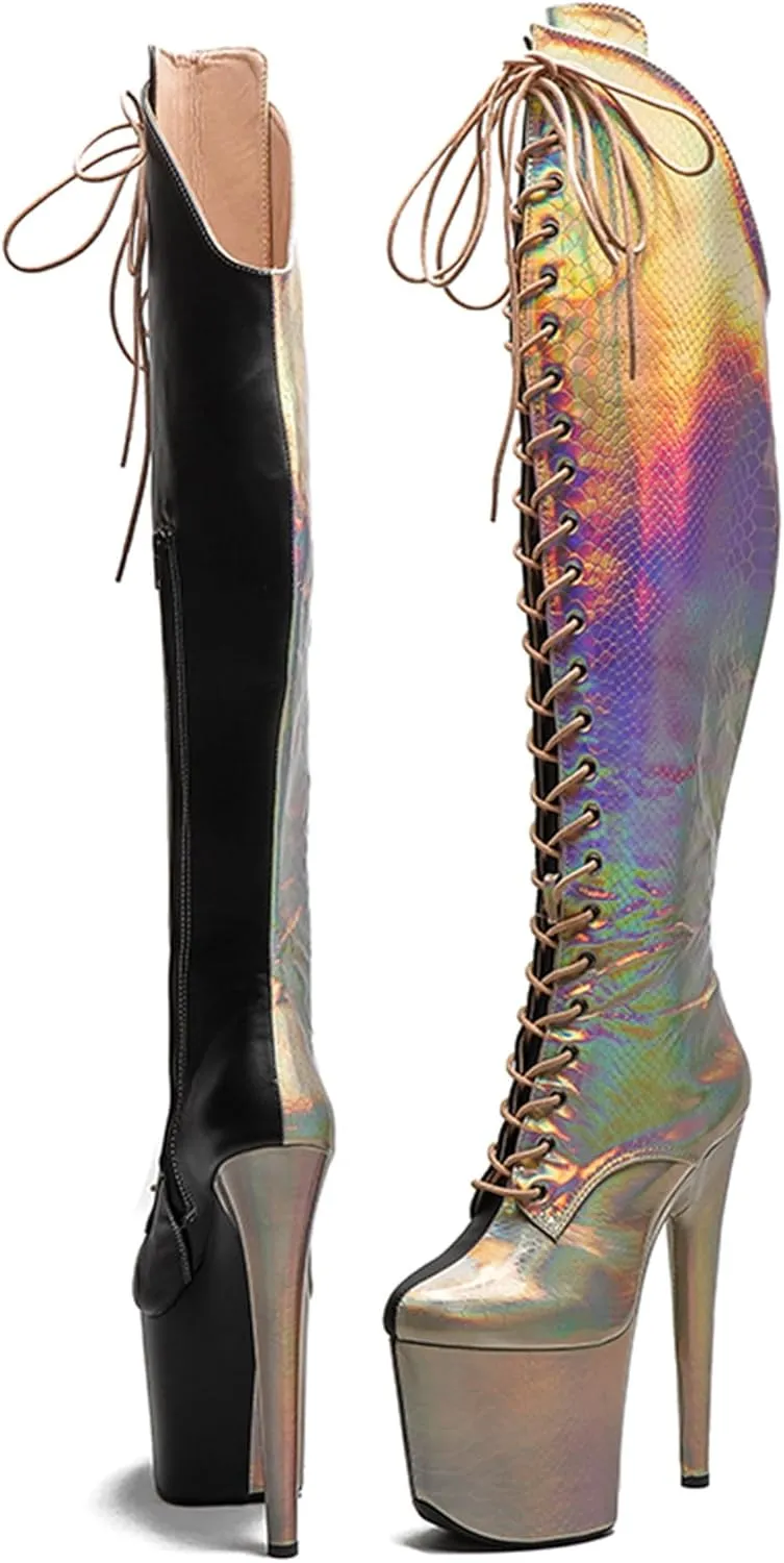 WUXIN H&P Women's Lace Up Stiletto Round Toe Platform High Heels Pole Dance Knee High Boots Gold Black Snake Holographic Exotic Heels