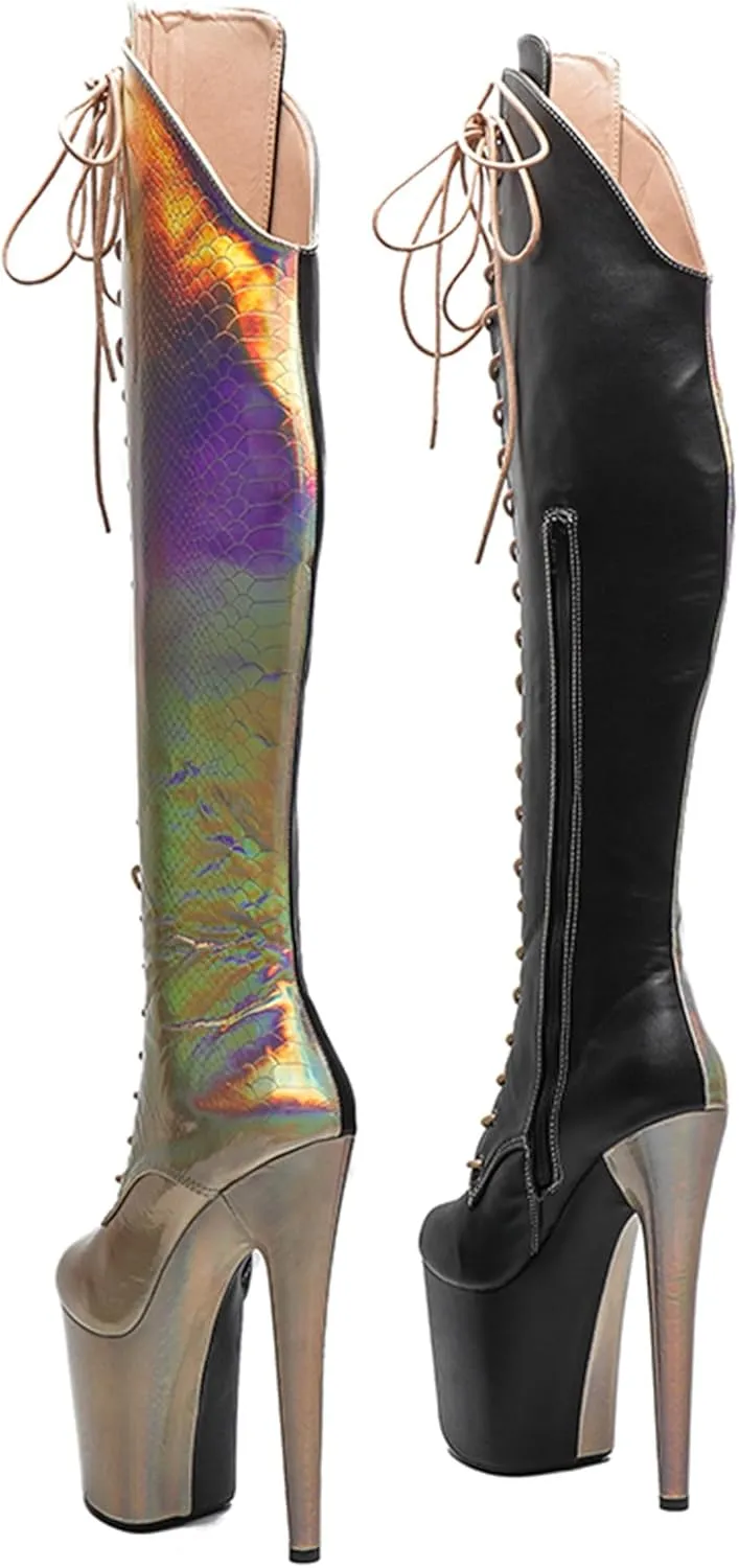 WUXIN H&P Women's Lace Up Stiletto Round Toe Platform High Heels Pole Dance Knee High Boots Gold Black Snake Holographic Exotic Heels