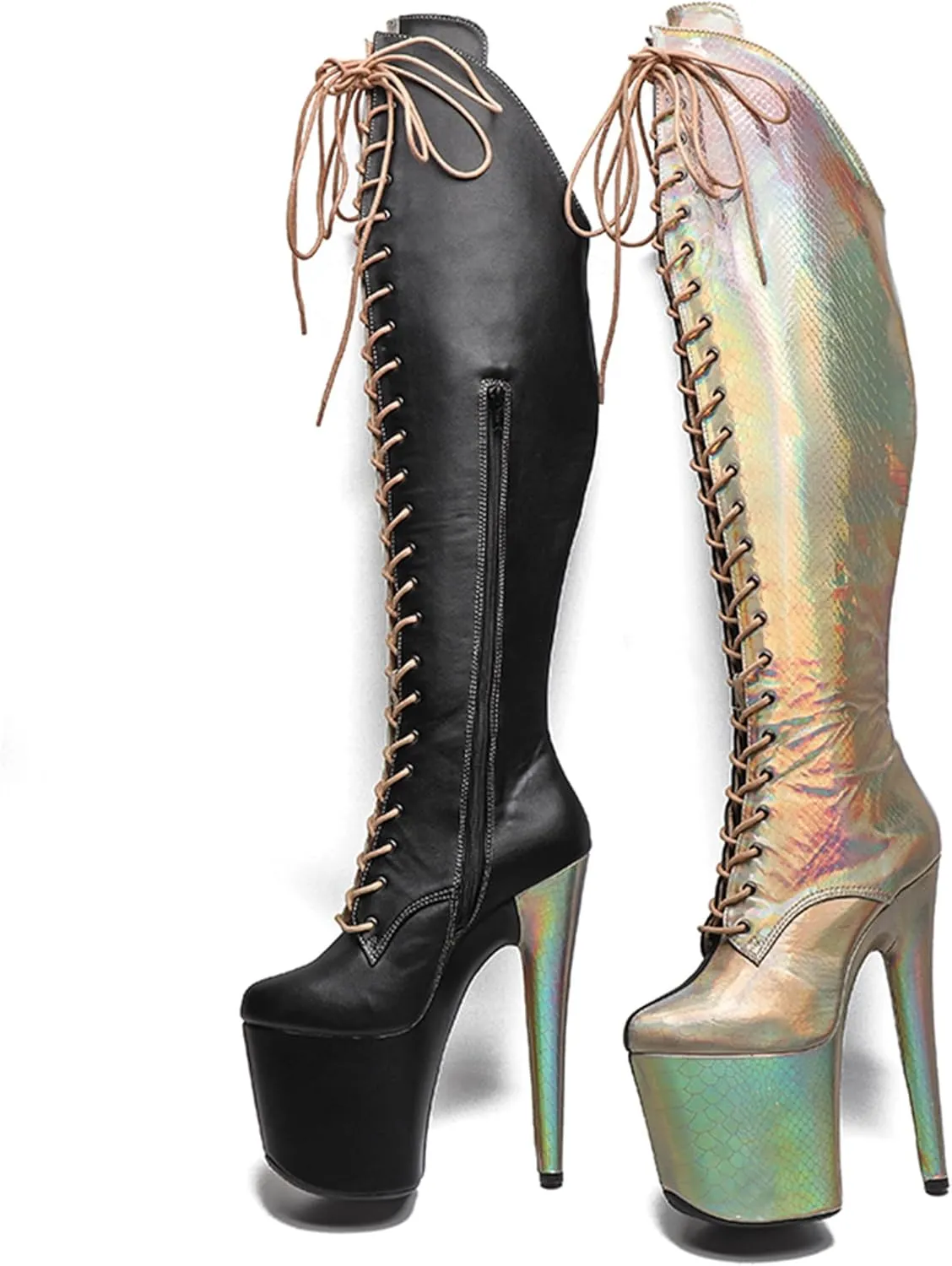 WUXIN H&P Women's Lace Up Stiletto Round Toe Platform High Heels Pole Dance Knee High Boots Gold Black Snake Holographic Exotic Heels