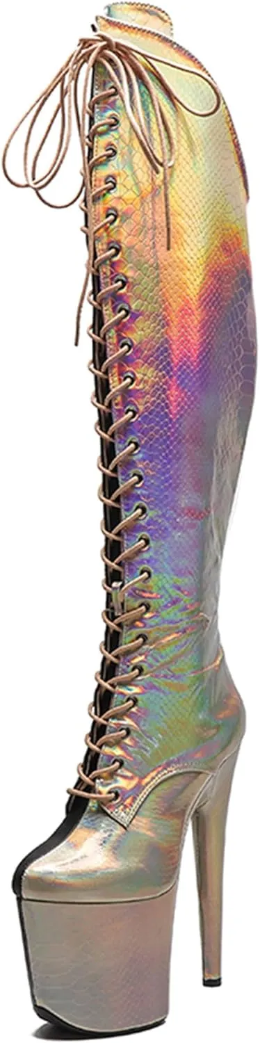 WUXIN H&P Women's Lace Up Stiletto Round Toe Platform High Heels Pole Dance Knee High Boots Gold Black Snake Holographic Exotic Heels