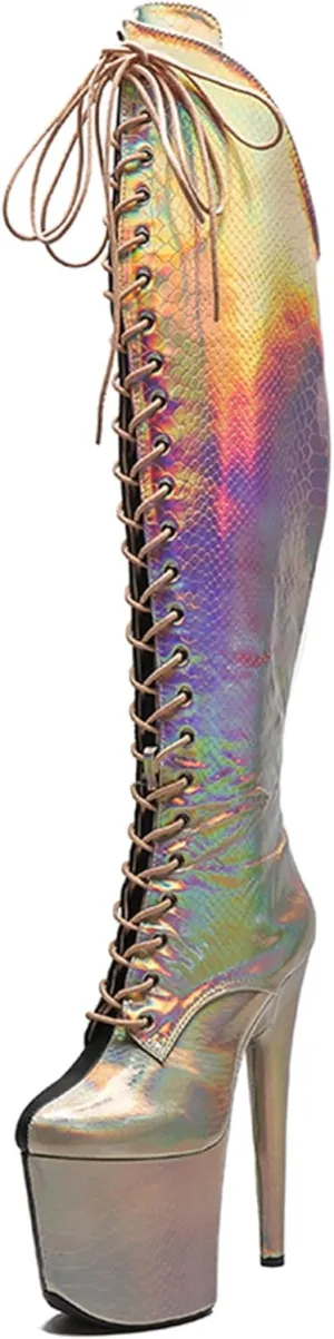 WUXIN H&P Women's Lace Up Stiletto Round Toe Platform High Heels Pole Dance Knee High Boots Gold Black Snake Holographic Exotic Heels